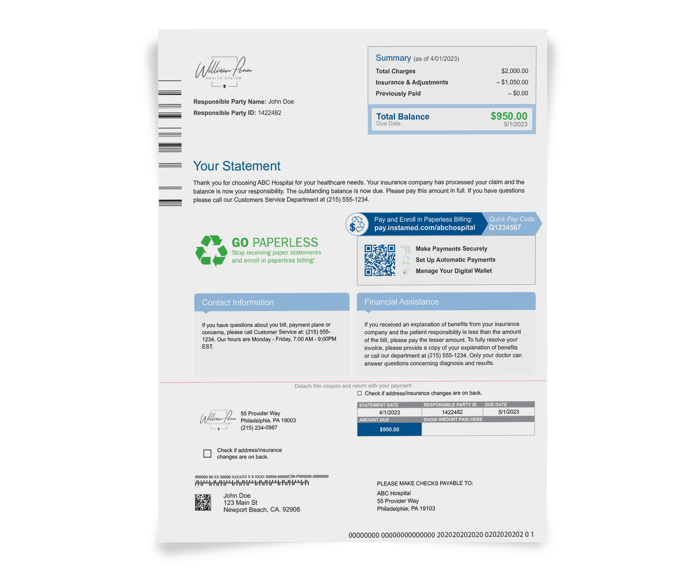 Example of a personalized, easy-to-ready patient bill from a healthcare provider.